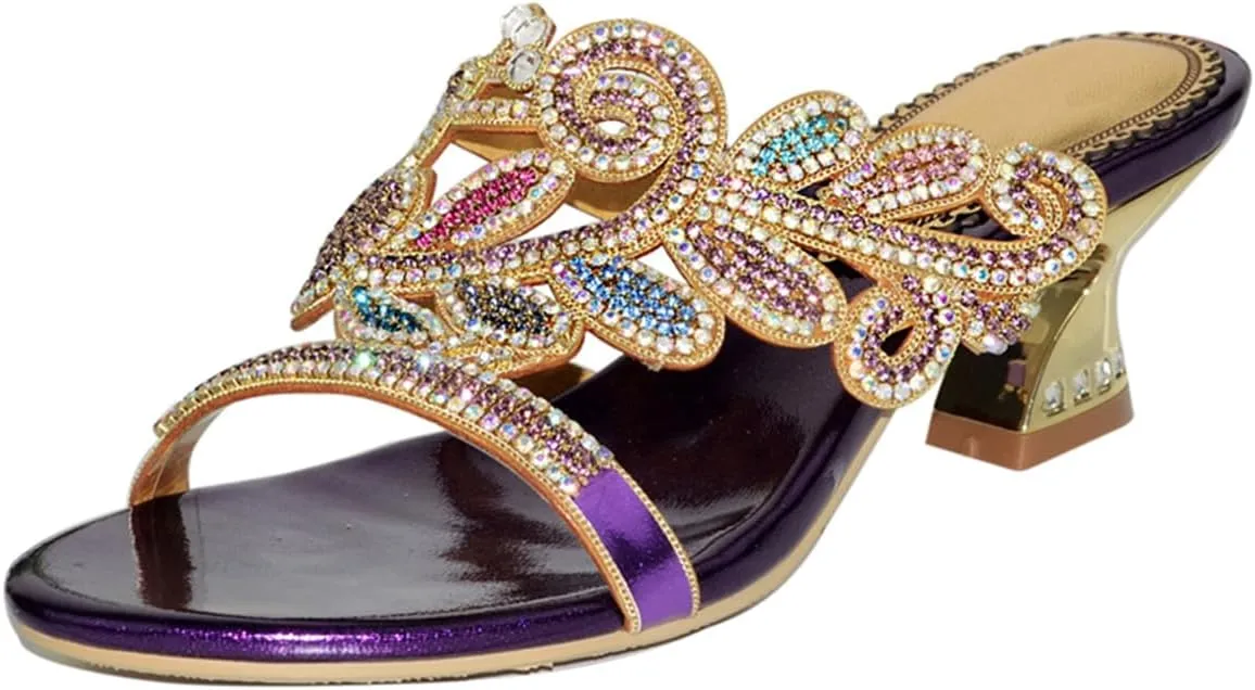 Women's Chunky Heel Glitter Rhinestone Sandals Jeweled Sandals Summer Stylish Sandals Womens Mules Sandals