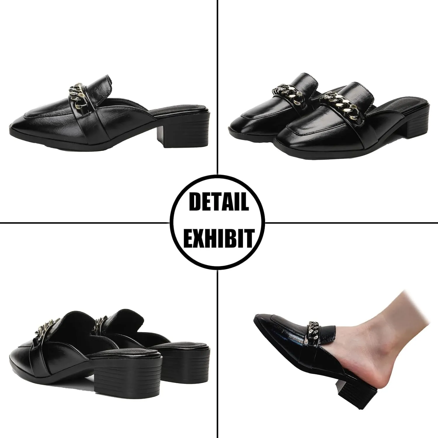 Women's Metal Chain Decor Flat Mules Square Toe Chunky Heel Slip-on Leather Backless Loafers Slides Chunky Heel Shoes