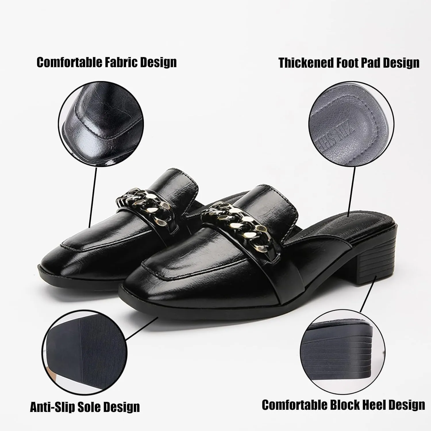 Women's Metal Chain Decor Flat Mules Square Toe Chunky Heel Slip-on Leather Backless Loafers Slides Chunky Heel Shoes