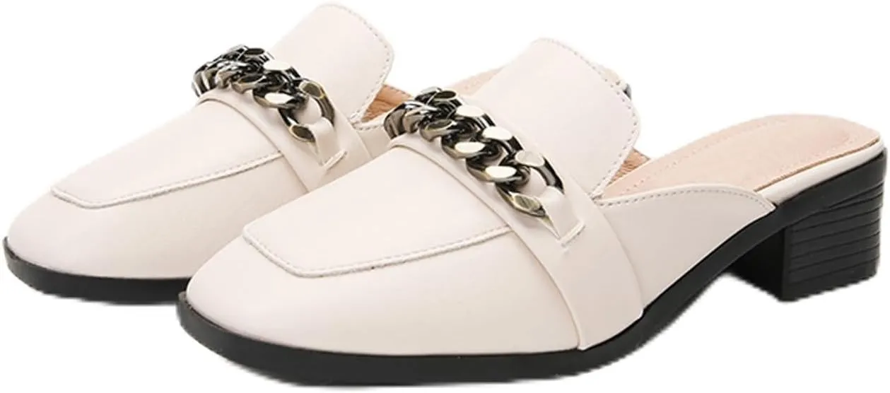 Women's Metal Chain Decor Flat Mules Square Toe Chunky Heel Slip-on Leather Backless Loafers Slides Chunky Heel Shoes
