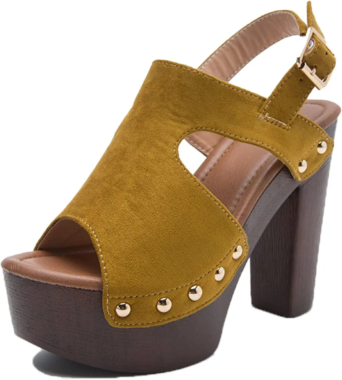 Women's Suede Studded Platform High Heel Sandals with Buckle Ankle Strap, Stylish and Comfortable Roman Block Heel Sandals