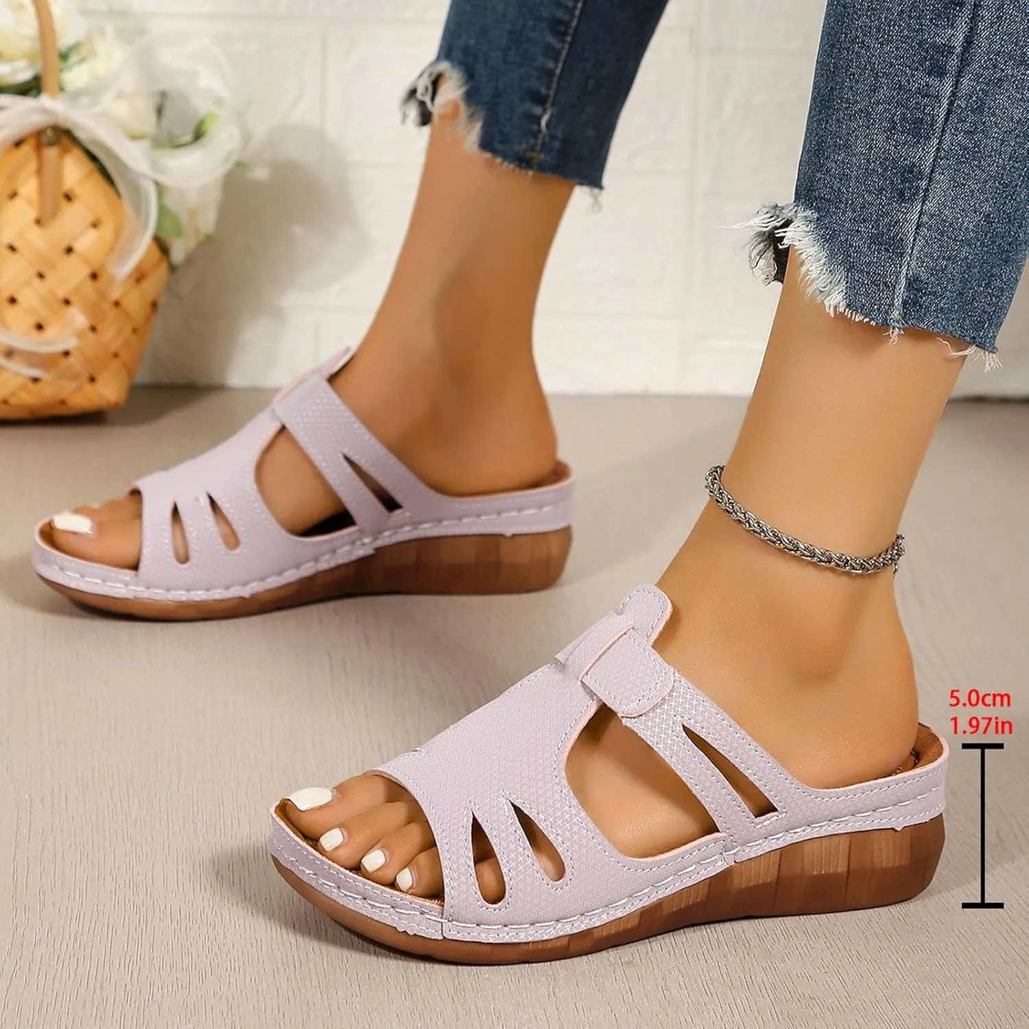 Womens Summer Outdoor Sandals 2025 Casual Open Toe Solid Color Wedge Sandals Hollow Stylish Lightweight Slide On Platform Heels Beach Shoes