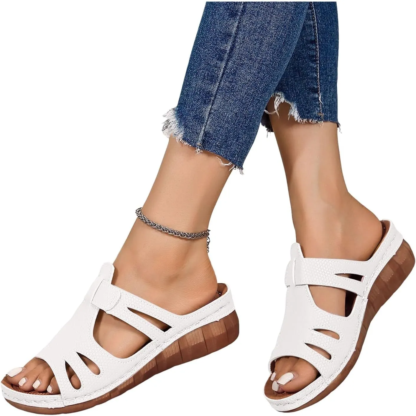 Womens Summer Outdoor Sandals 2025 Casual Open Toe Solid Color Wedge Sandals Hollow Stylish Lightweight Slide On Platform Heels Beach Shoes