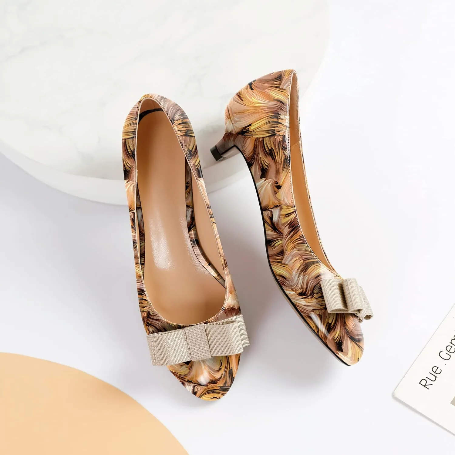 YODEKS Women Kitten Heel Pumps Round Toe Slip On 1.5 Inches Heels Low Heeled Elegant Bow Comfort Shoes for Wedding Office Evening