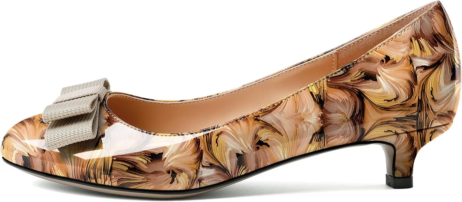 YODEKS Women Kitten Heel Pumps Round Toe Slip On 1.5 Inches Heels Low Heeled Elegant Bow Comfort Shoes for Wedding Office Evening